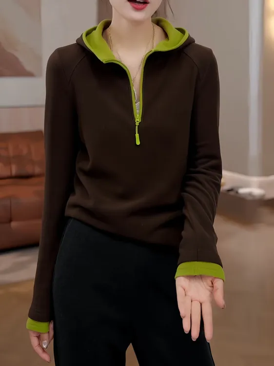 撞色连帽半拉链套头卫衣设计感上衣2025秋季时髦洋气长袖打底衫女