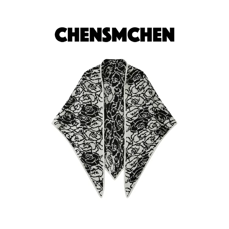 CHENSMCHEN 经典黑白配山茶花绵羊毛披肩女优雅百搭坎肩CSS8089WY