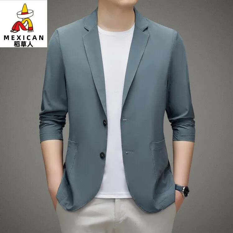 稻草人薄款防晒西服男上衣冰丝春夏休闲外套男士高档时尚时尚男装