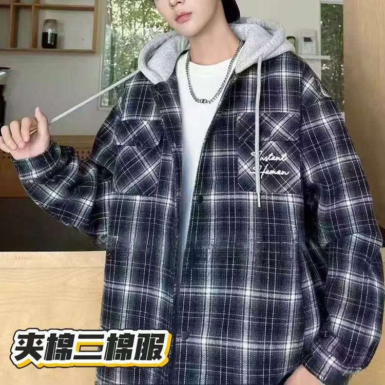 【加厚加棉款外套】青少年冬季纽扣外套港风格子加绒棉衣棉服学生党