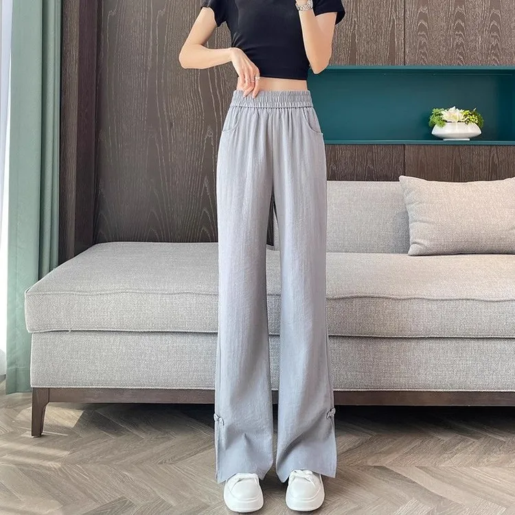 夏季薄款喇叭裤韩版大码女装国风开叉休闲小个子显瘦百搭垂感长裤