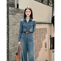 【纽约转角】小娜椒小个子蓝色复古翻领衬衫牛仔时尚高腰长裤女