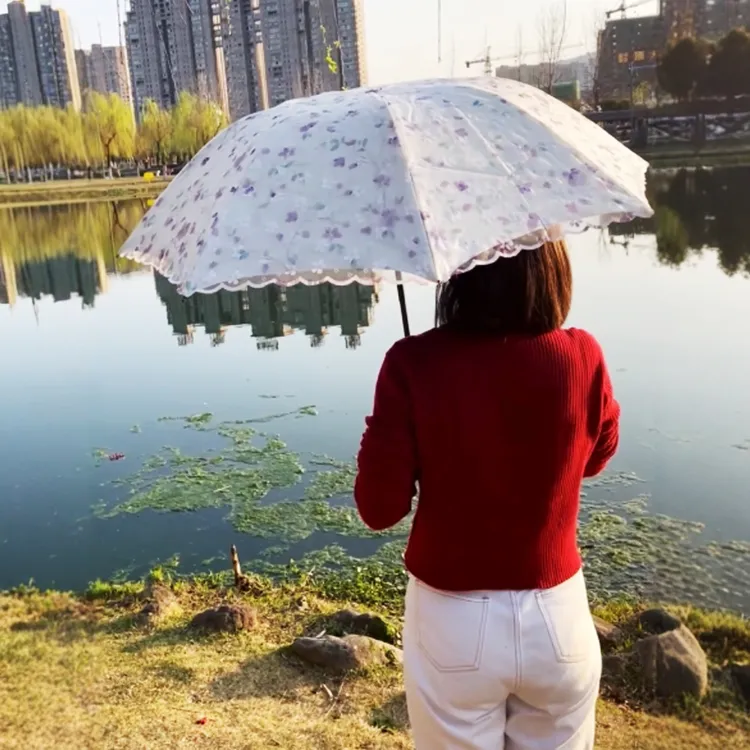 小清新蕾丝遮阳伞双层太阳伞女防晒防紫外线黑胶晴雨两用三折叠伞