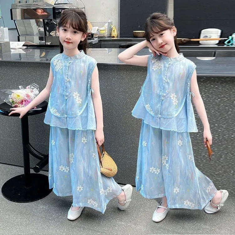 退货运补女童2025夏季无袖套装新款中式绣花国风上衣两件套汉服