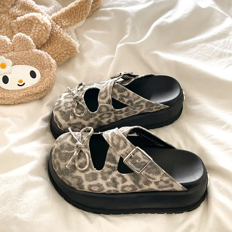 小个子豹纹玛丽珍包头半拖鞋女外穿2025春夏季新款松糕厚底穆勒鞋