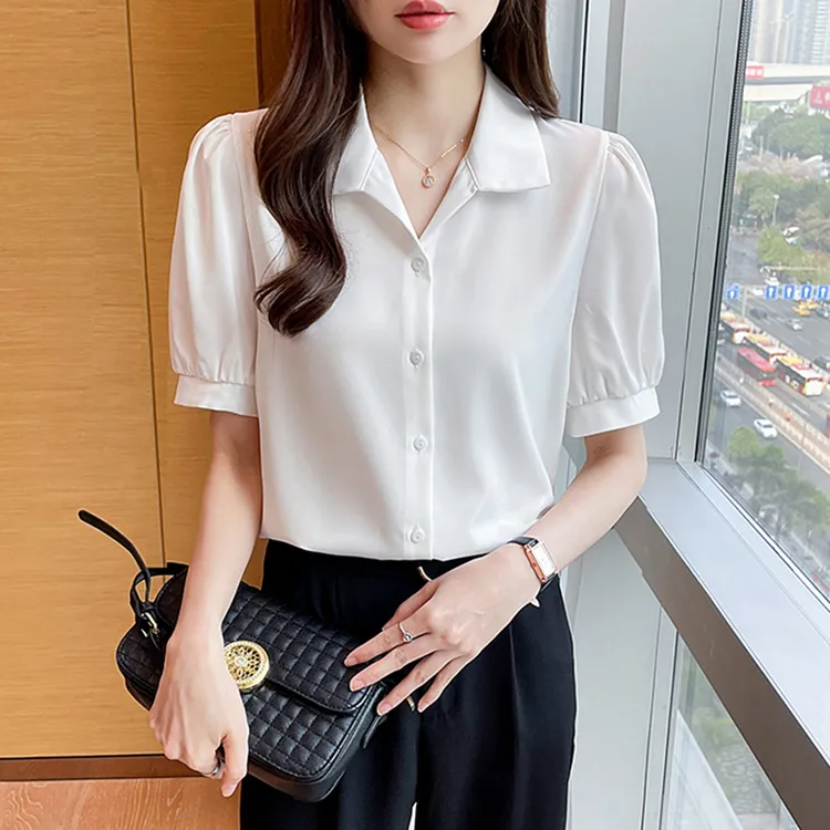 白色泡泡袖衬衫女装夏季职业气质设计感小众缎面衬衣法式宽松上衣
