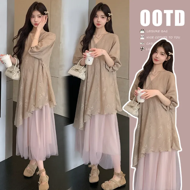孕妇装夏装2025新款夏季时尚大码气质洋气拼接双层网纱国风连衣裙