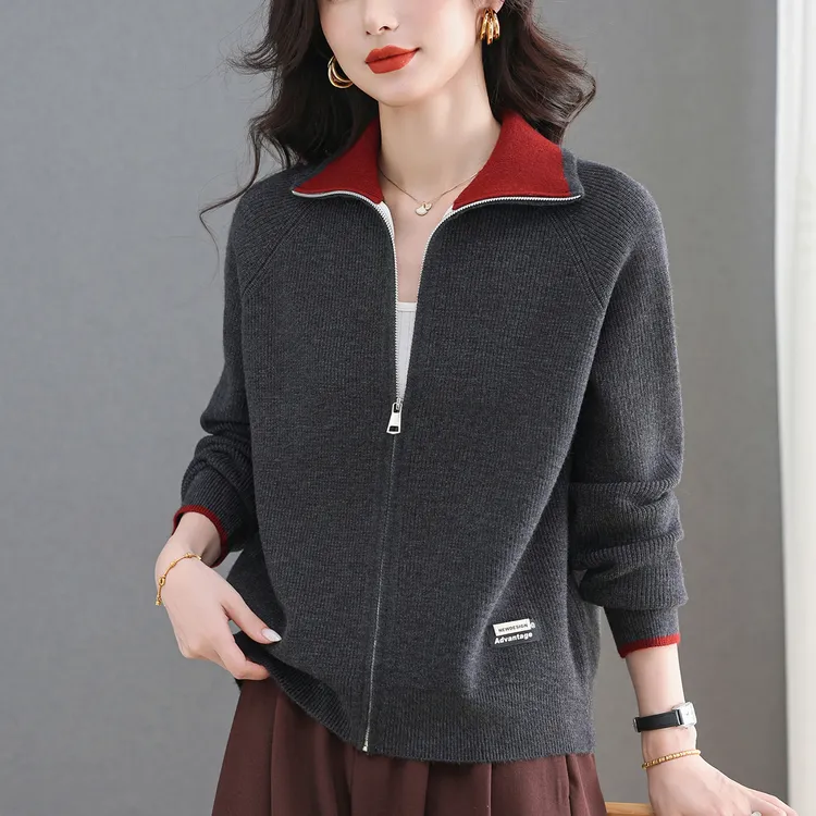 春秋拉链毛衣外套宽松休闲时尚翻领上衣大码胖mm秋装针织开衫显瘦