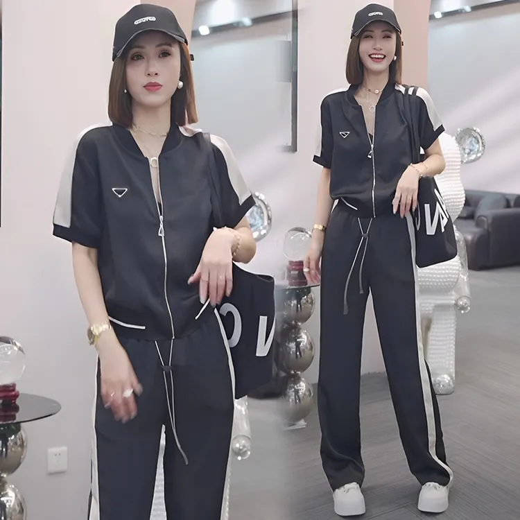 时尚气质减龄显瘦运动套装女夏季新款舒适开衫短袖直筒裤两件套