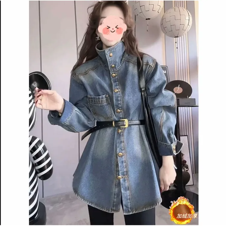 韩系重工洗水加绒加厚牛仔立领短外套女2025冬季新款叠穿宽松衬衫