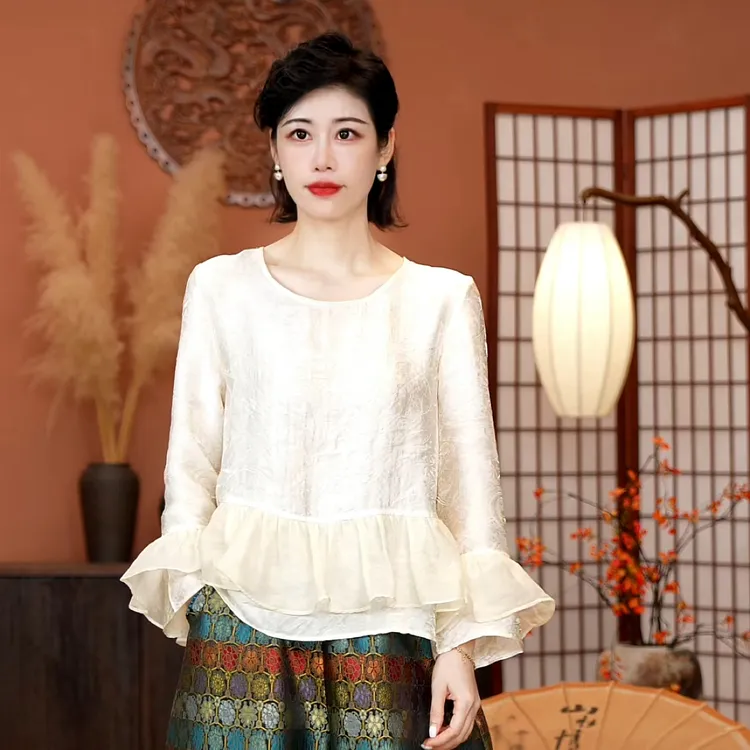 【静哚】春秋提花宽松型女性T恤新中式复古提花优雅花边长袖