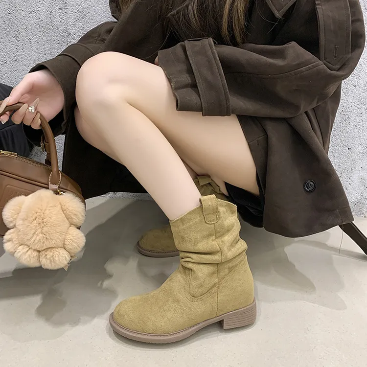 中跟单靴女2025新款秋季美拉德西部牛仔靴中筒短靴马丁靴堆堆靴子