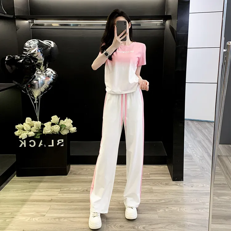 欧货休闲运动套装女夏时尚洋气减龄粉色渐变短袖高腰阔腿裤两件套