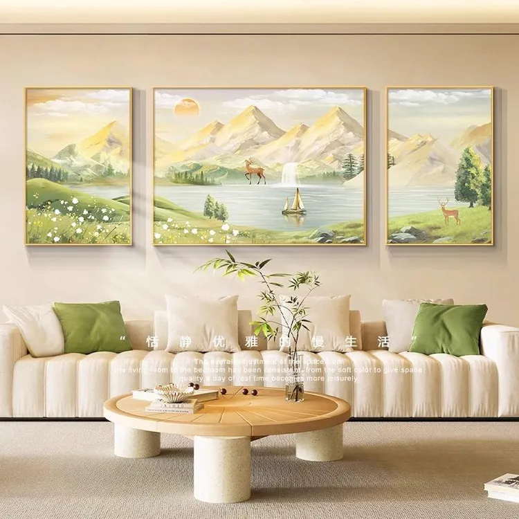 日照金山客厅装饰画奶油风沙发背景墙挂画山水风景三联画高档壁画