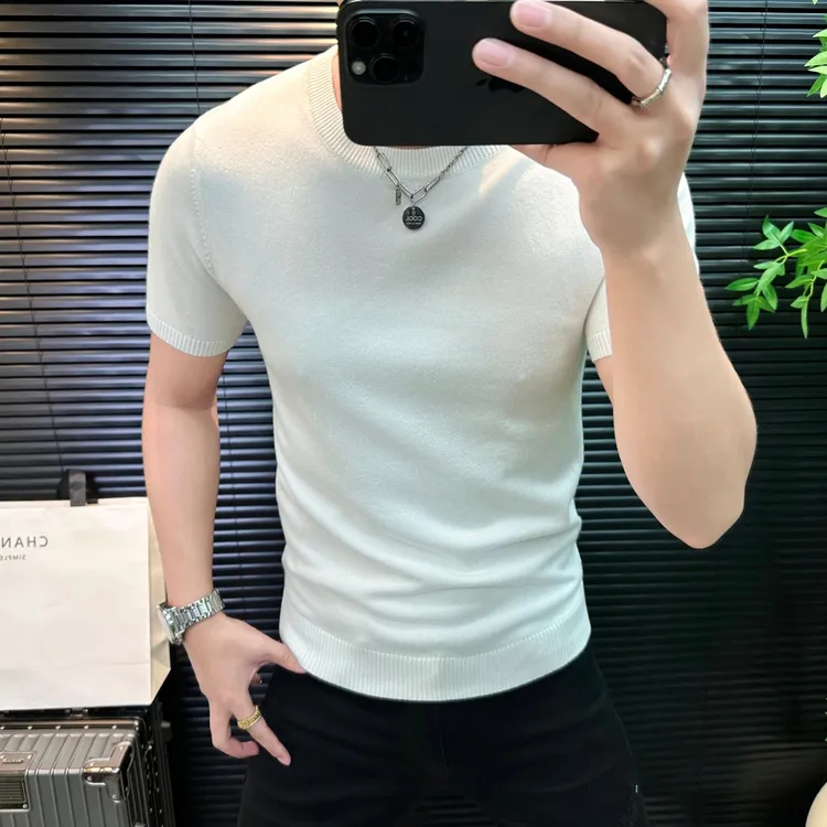 欧货男士轻奢针织短袖上衣简约风男装纯色修身时尚高端毛衣半截袖