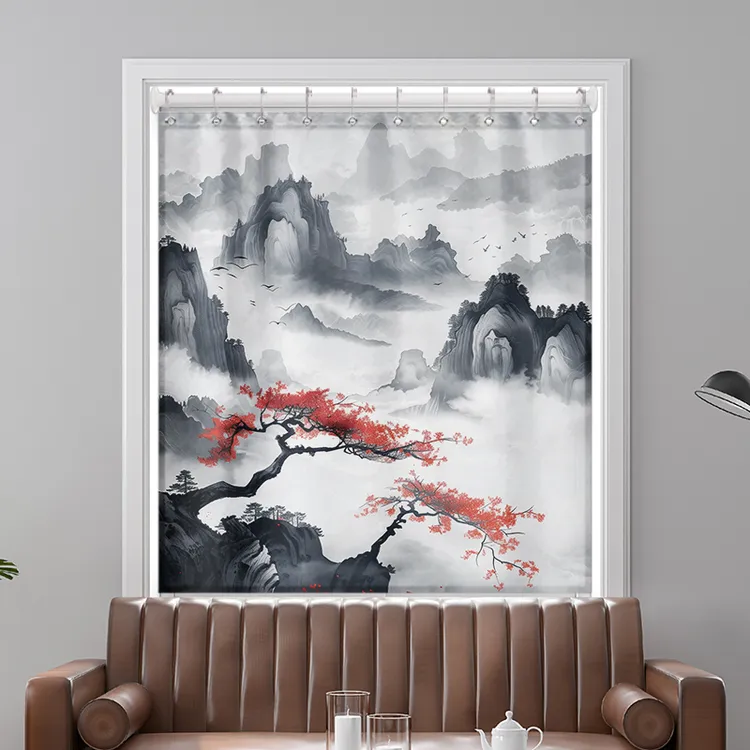 新中式山水窗帘免打孔安装客厅卧室高级感隔热防晒透光不透人窗帘