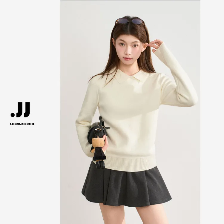 H1886【保命打底】秋冬温柔感软糯杏色休闲毛针织长袖上衣女