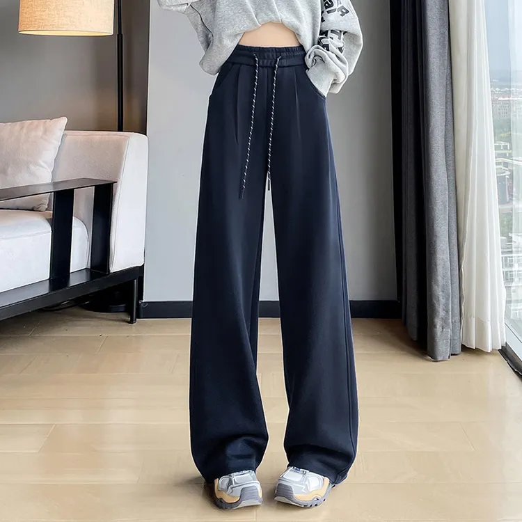 灰色运动阔腿裤女2024新款休闲直筒卫裤宽松垂感高腰窄版香蕉裤子