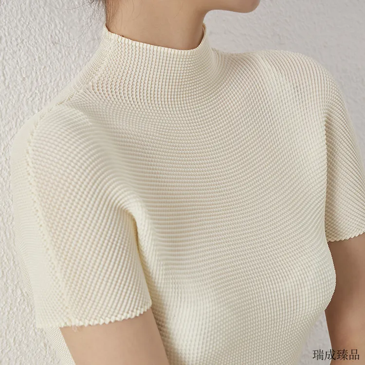 针织上衣女夏季半袖新款气质半高领修身弹力显瘦短袖T恤短款百搭Z