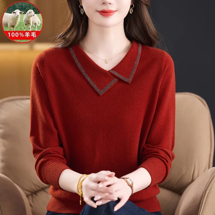 2025中年女士100%绵羊毛翻领纯色高档时尚纯羊毛针织妈妈装羊毛衫