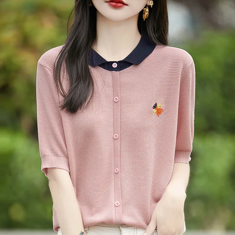 哥弟阿玛施正品新款撞色polo领针织衫女短袖T恤夏季薄款洋气上衣