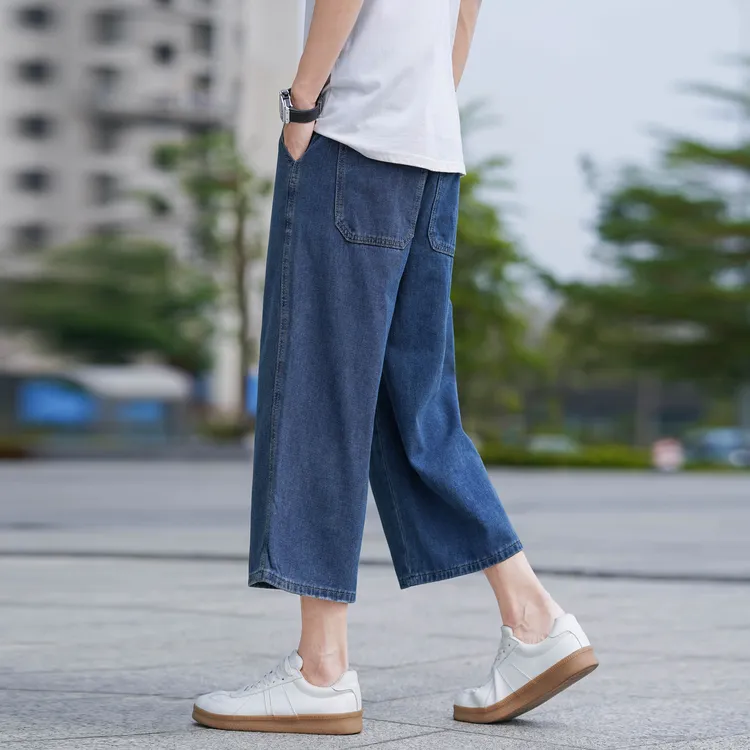 潮牌INS港风大直筒八分裤男士潮流百搭宽松阔腿八分牛仔裤大裤脚