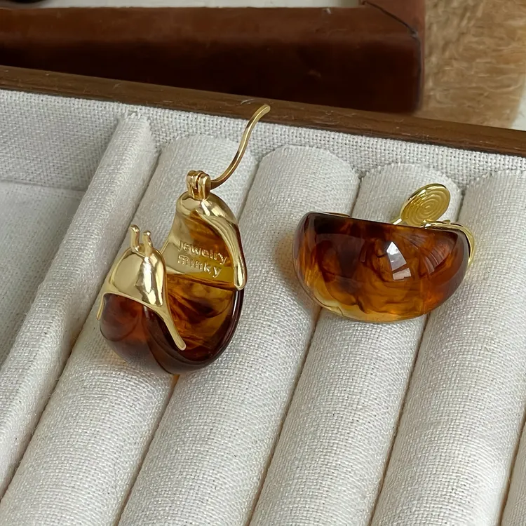 铜合金树脂耳饰 「琥珀余晖」美拉德耳饰耳夹轻奢复古高级耳环耳扣