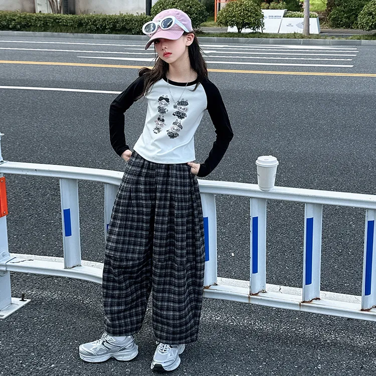 女童套装洋气时尚拉布布T恤格子裤3-15岁秋季显瘦卡通动漫韩版潮