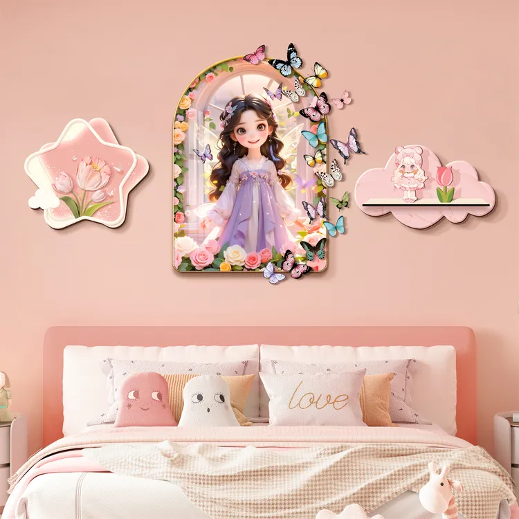 卡通女孩房间装饰画儿童房床头挂画温馨卧室布置背景壁画立体蝴蝶
