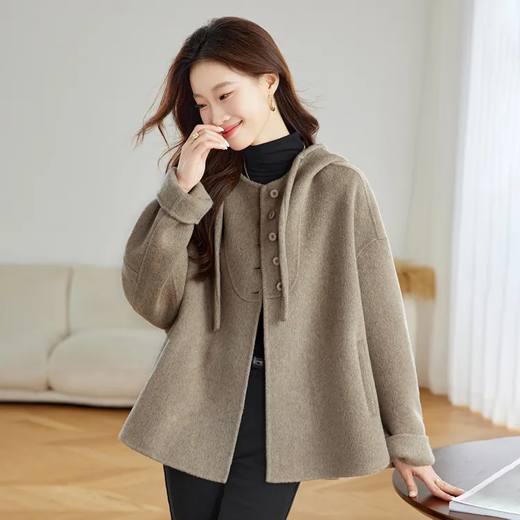 纯色抽绳连帽单排多扣落肩袖保暖秋冬双面羊毛大衣毛呢外套百搭