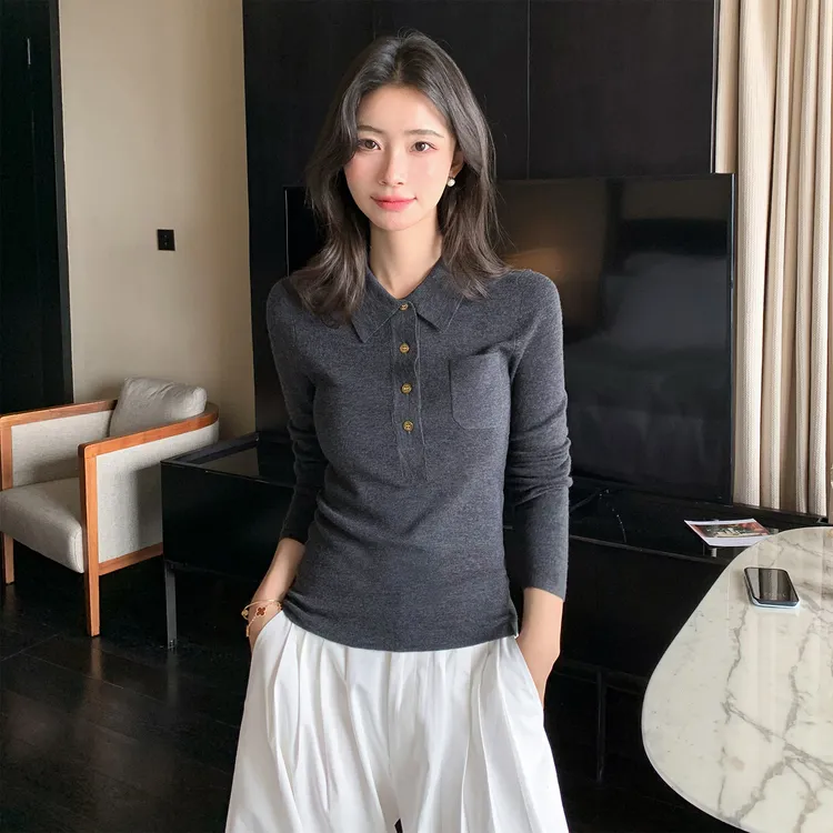 德国160s100%纯羊毛精纺Polo领羊毛衫女秋冬上衣内搭打底针织毛衣