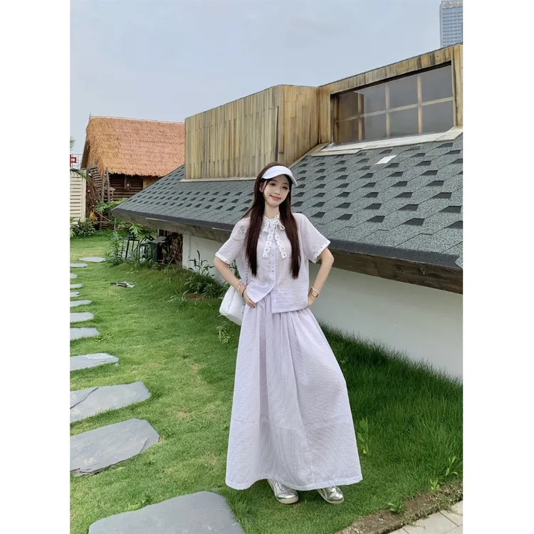 巧克少女时尚套装波点条纹短袖衬衫女夏季松紧腰半身裙长裙两件套