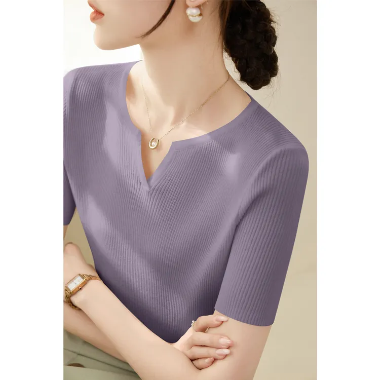 新款2025年夏季打底衫v领针织衫上衣女高级感百搭短袖简约修身t恤