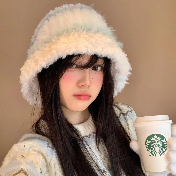 韩系毛绒帽子女款秋冬百搭保暖护耳显脸小针织冷帽大头围渔夫帽冬
