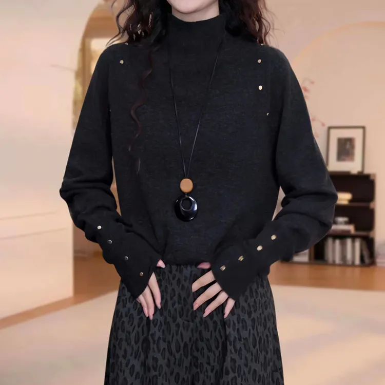 小众炸街高级感女装高领毛衣插肩钉珠女秋冬季新款圆领长袖针织衫
