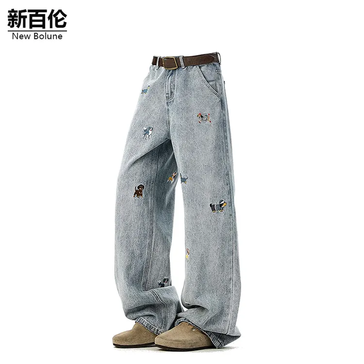 新百伦/NEW BOLUNE秋季新款腊肠狗刺绣牛仔裤男款直筒美式休闲裤