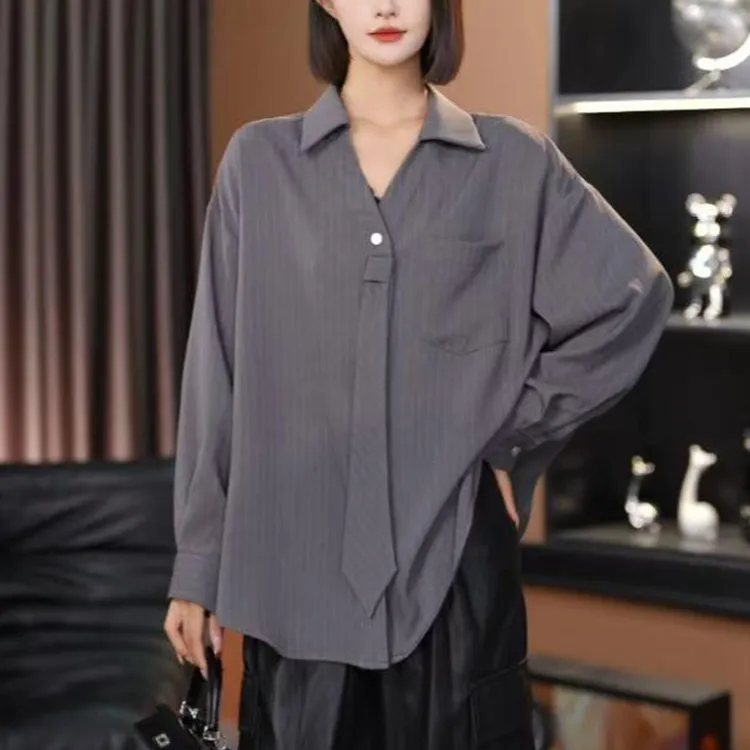 时尚高级感休闲百搭衬衫女2025早秋新款洋气宽松显瘦条纹长袖上衣