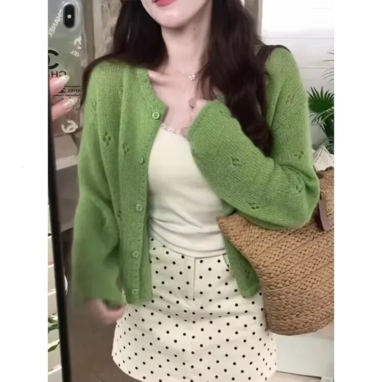 勾花镂空绿色针织开衫外套女2025春秋新款小披肩上衣小外搭