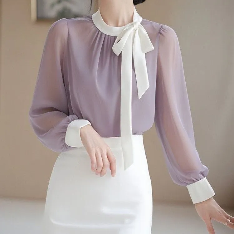 衬衫初春今年流行紫色蝴蝶结气质长袖法式雪纺上衣别致漂亮小衫