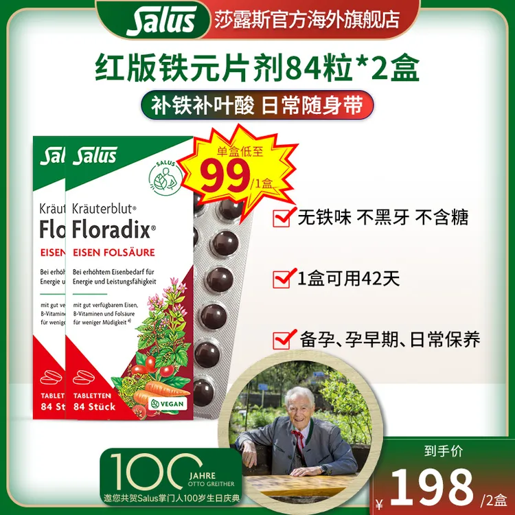 莎露斯 德国便携铁元片剂铁元素补剂补铁剂胶囊叶酸84粒*2