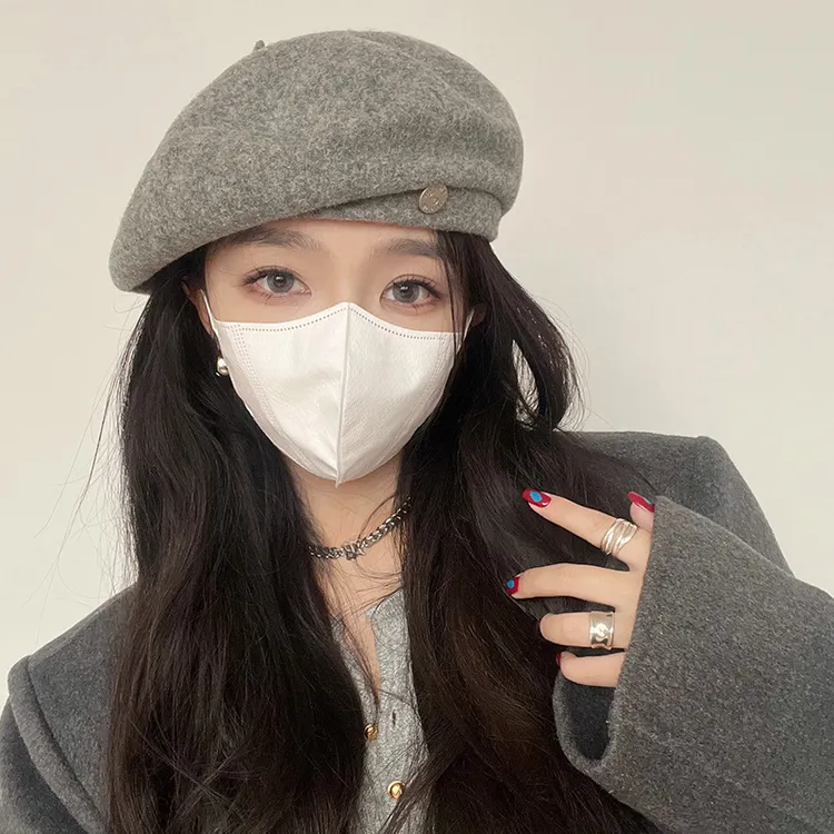 金属标毛呢大头围贝雷帽女秋冬季新款韩版网红显脸小保暖画家帽