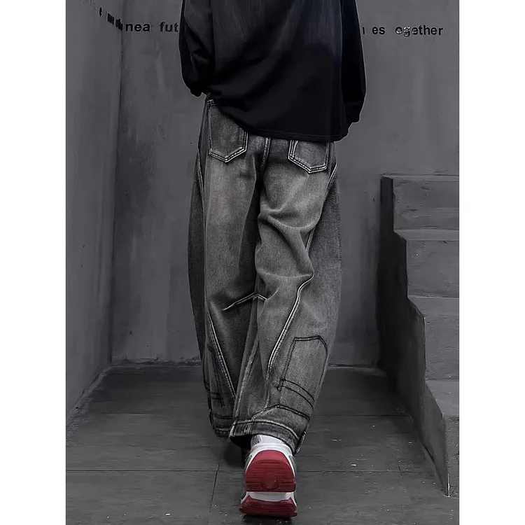 美式ins倒穿破洞弯刀牛仔裤男女设计感复古水洗百搭显瘦阔腿长裤