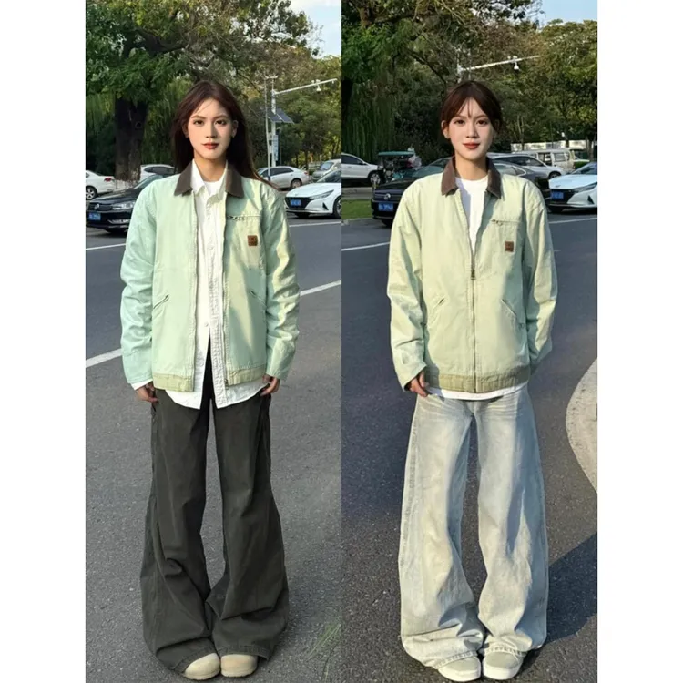美式复古浅绿色工装夹克男女款秋季底特律翻领外套cleanfit棒球服