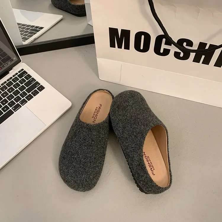 复古百搭晚晚风厚底包头半拖鞋女外穿懒人一脚蹬穆勒鞋毛毡勃肯鞋