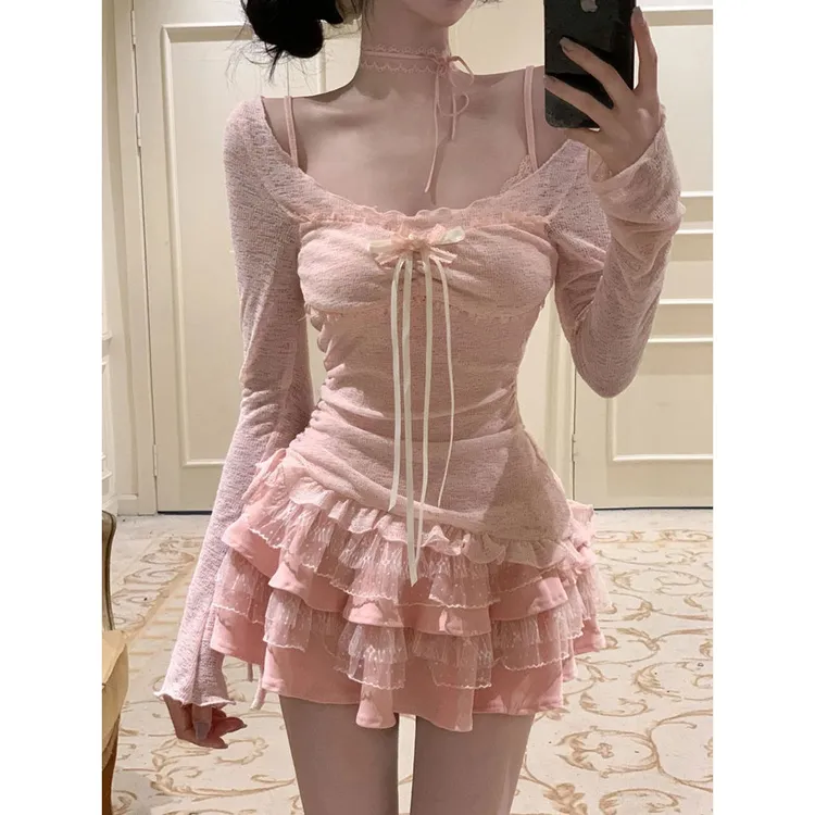 纯欲辣妹风蕾丝拼接吊带连衣裙女早秋新款修身显瘦长袖罩衫两件套