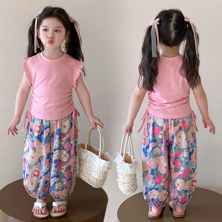 女童夏装套装2025新款洋气休闲女宝宝抽绳背心儿童防蚊长裤两件套