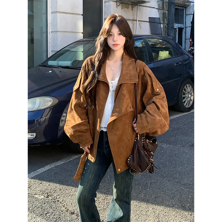 美式复古街头痞帅鹿皮绒机车外套女秋季高级感宽松休闲夹克上衣潮