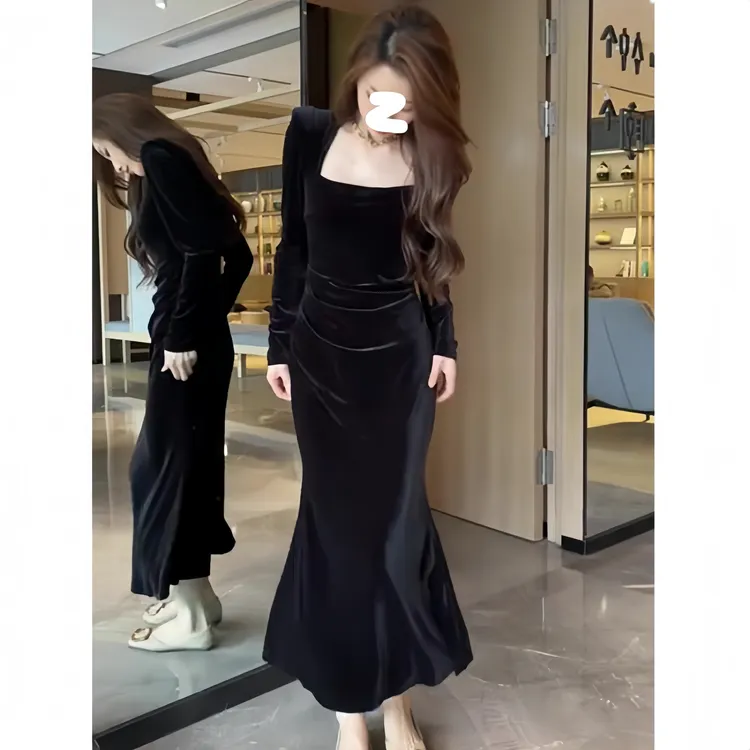 名媛气质方领丝绒连衣裙女2025秋季新款收腰显瘦鱼尾长袖连衣裙女