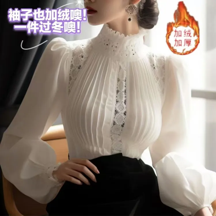 2025年秋冬新款流行时尚爆款高级感超好看白色泡泡袖立领小众上衣