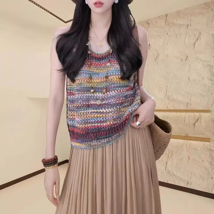 大码彩色条纹针织马甲无袖背心女士夏季新款休闲时尚百搭吊带小衫